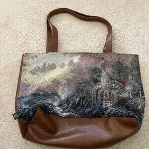Thomas Kinkade Lighthouse Tapestry Tote Vegan Faux Leather Light Peace Packable
